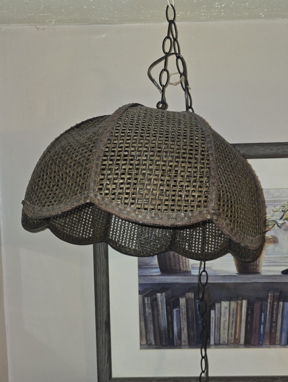 Leviton Vintage 70's 80's Brown Wicker Ratan Hanging Pendant Light